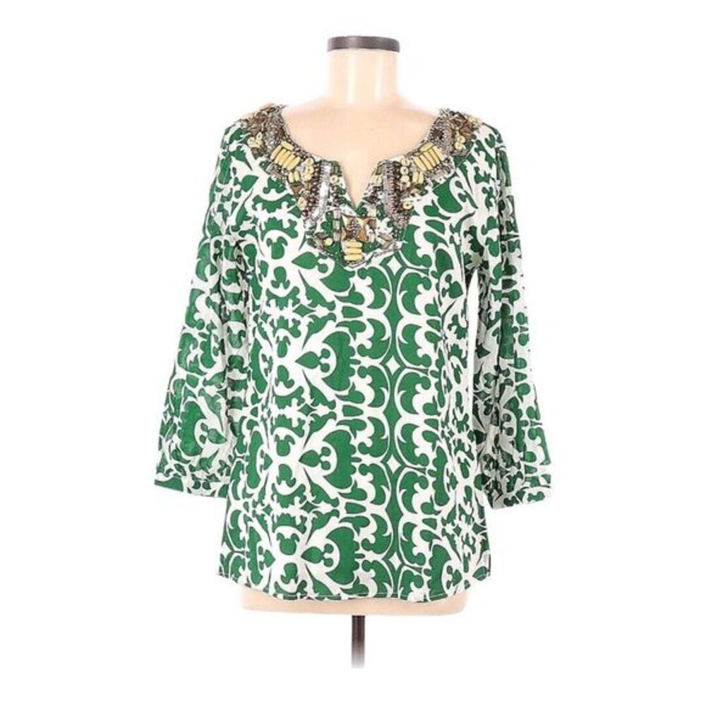 IMAN Embellished Tunic Top Green White Scroll Pattern 3/4 Sleeve Womens S